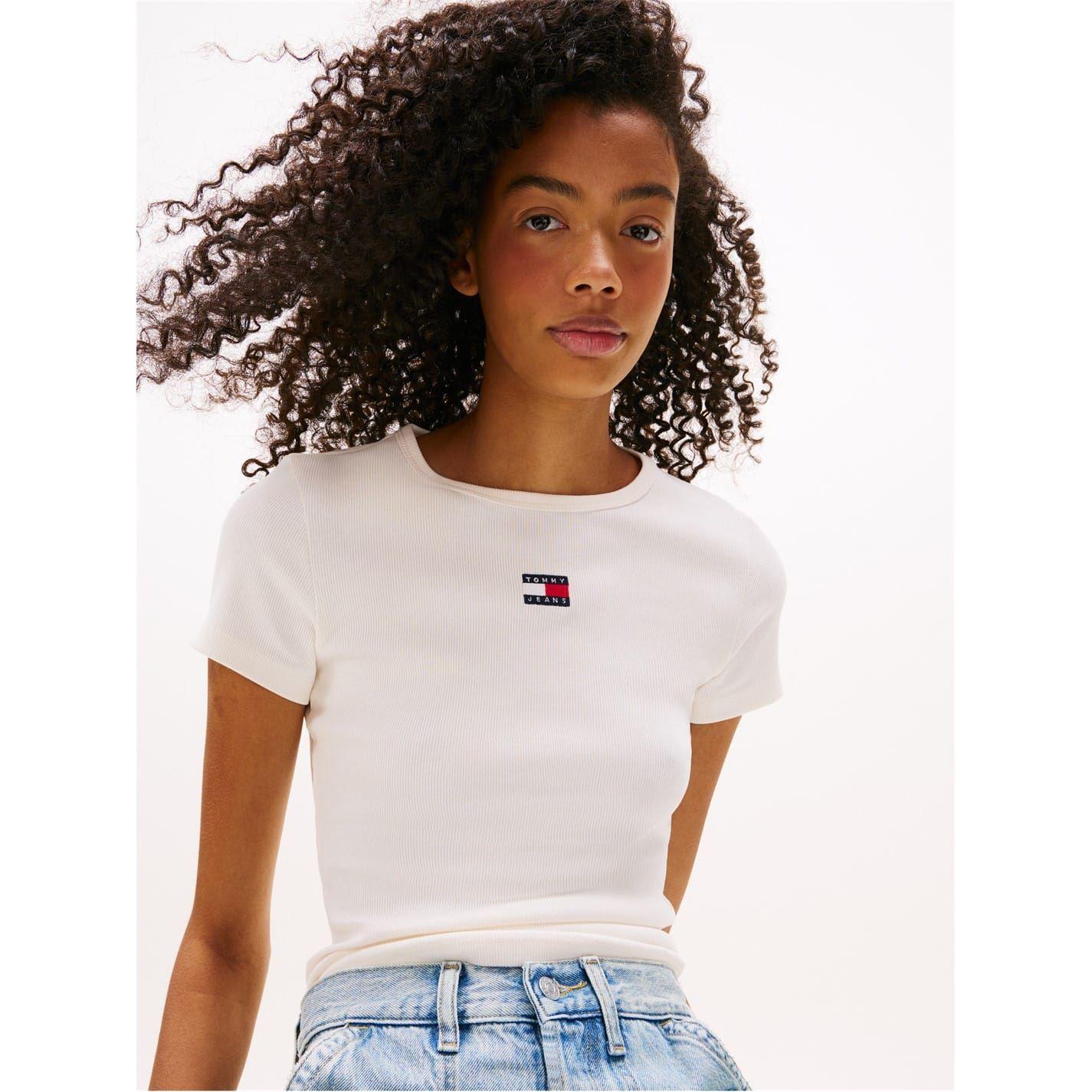 Antique White - Pack Shot - Tommy Jeans Womens-Ladies Badge Ribbed Regular T-Shirt