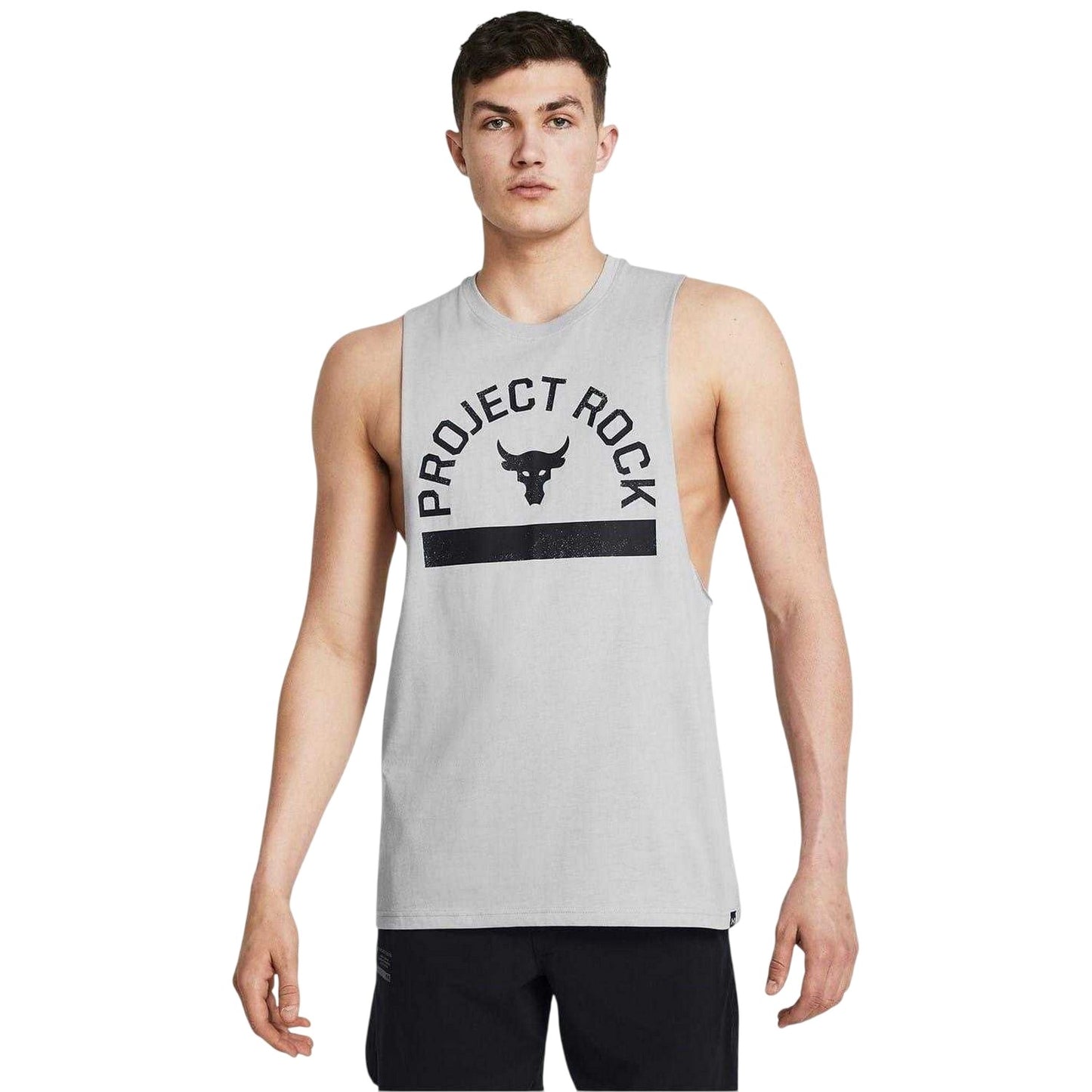 Grey - Side - Under Armour Mens Project Rock Graphic Tank Top