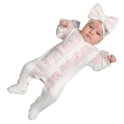 White-Pink - Back - Caramelo Kids Baby Frilled Long-Sleeved Babygrow