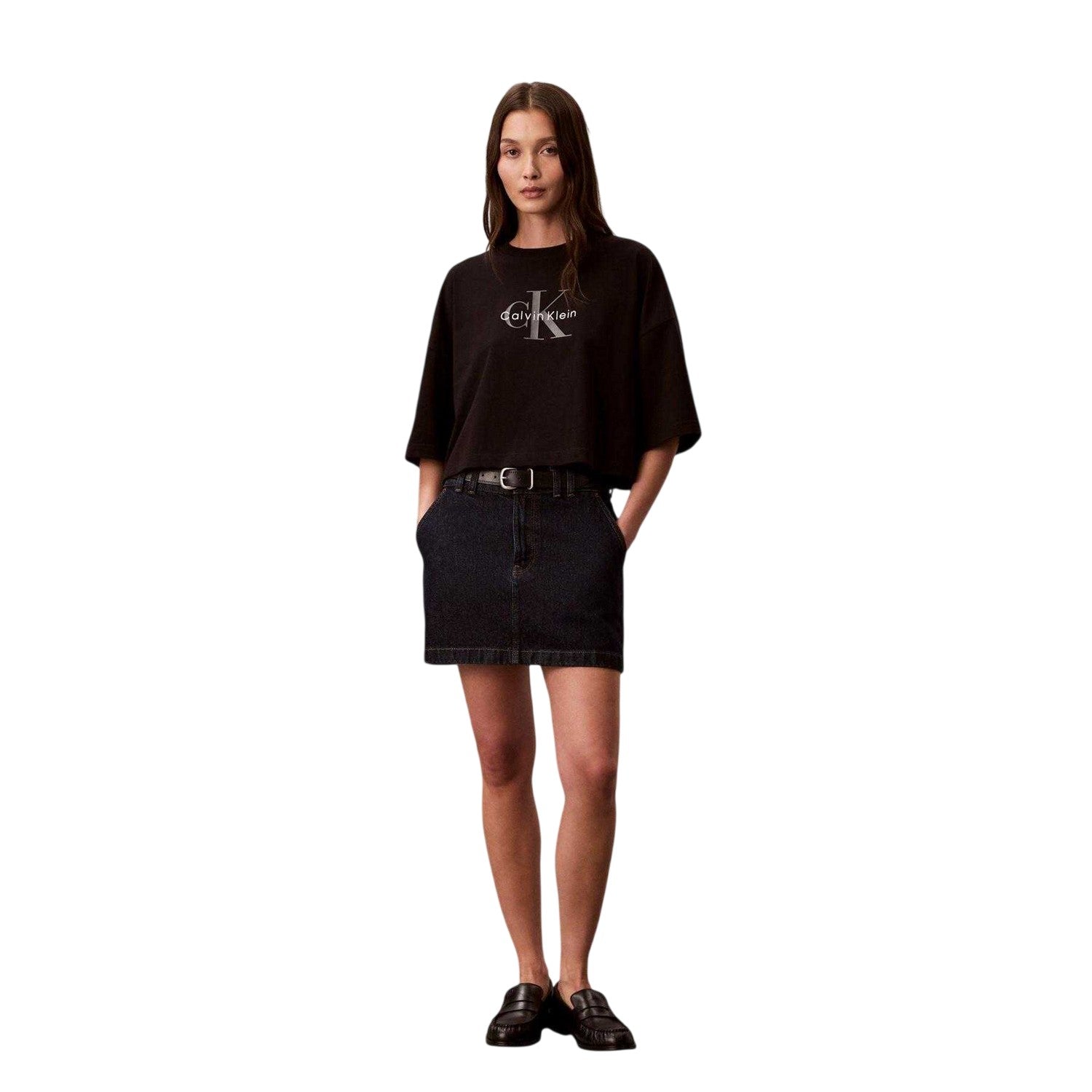 Black - Side - Calvin Klein Womens-Ladies Oversized Crop T-Shirt