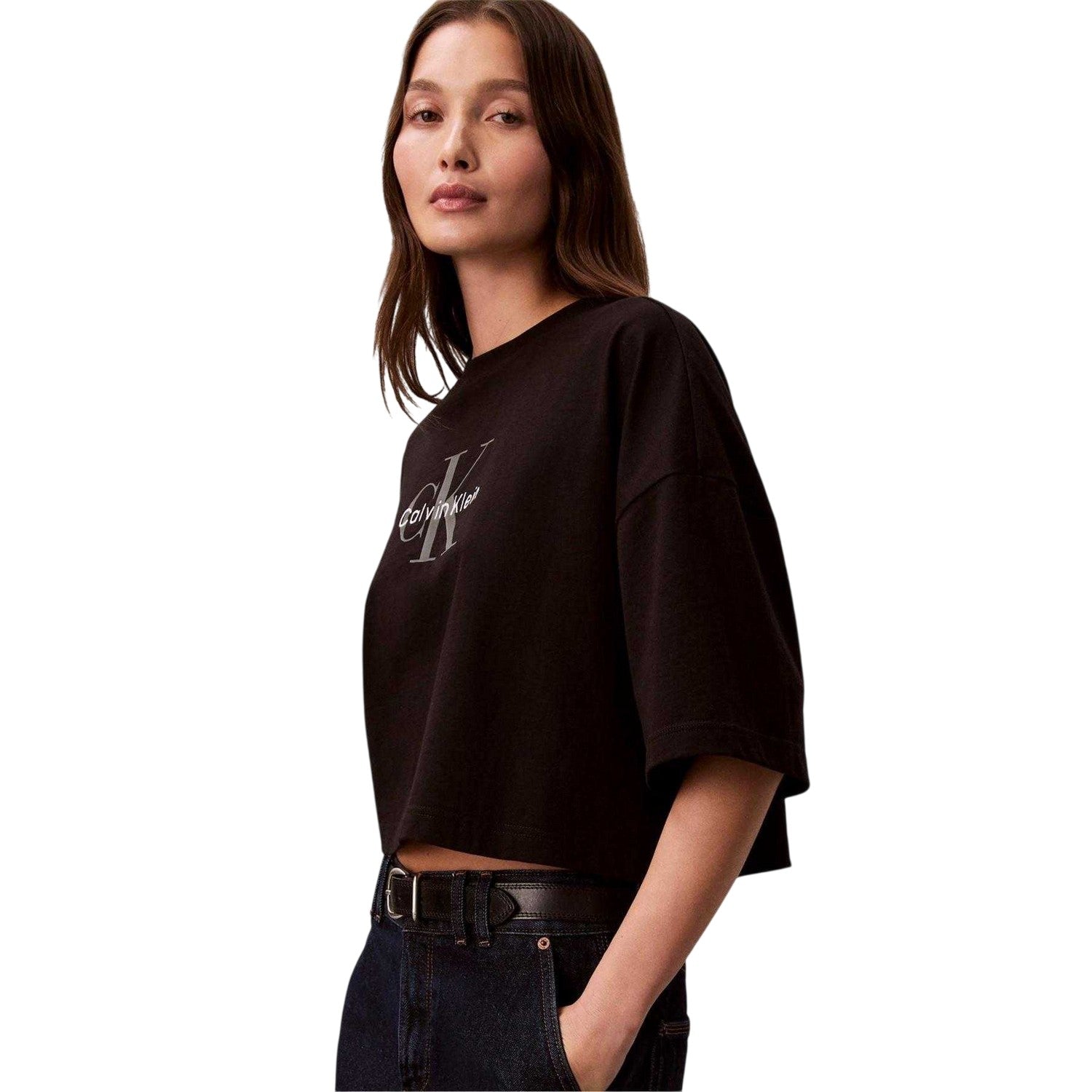 Black - Lifestyle - Calvin Klein Womens-Ladies Oversized Crop T-Shirt