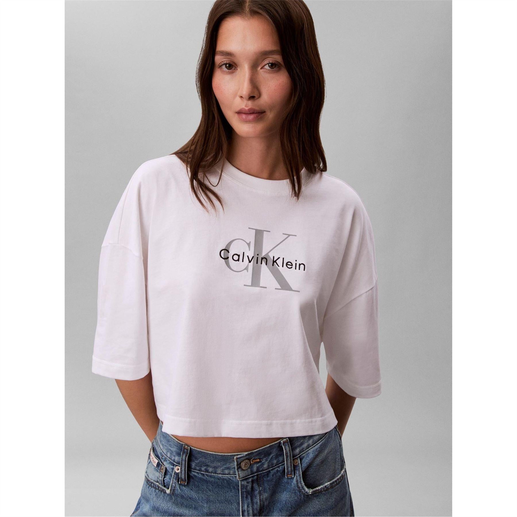 Bright White - Back - Calvin Klein Womens-Ladies Oversized Crop T-Shirt