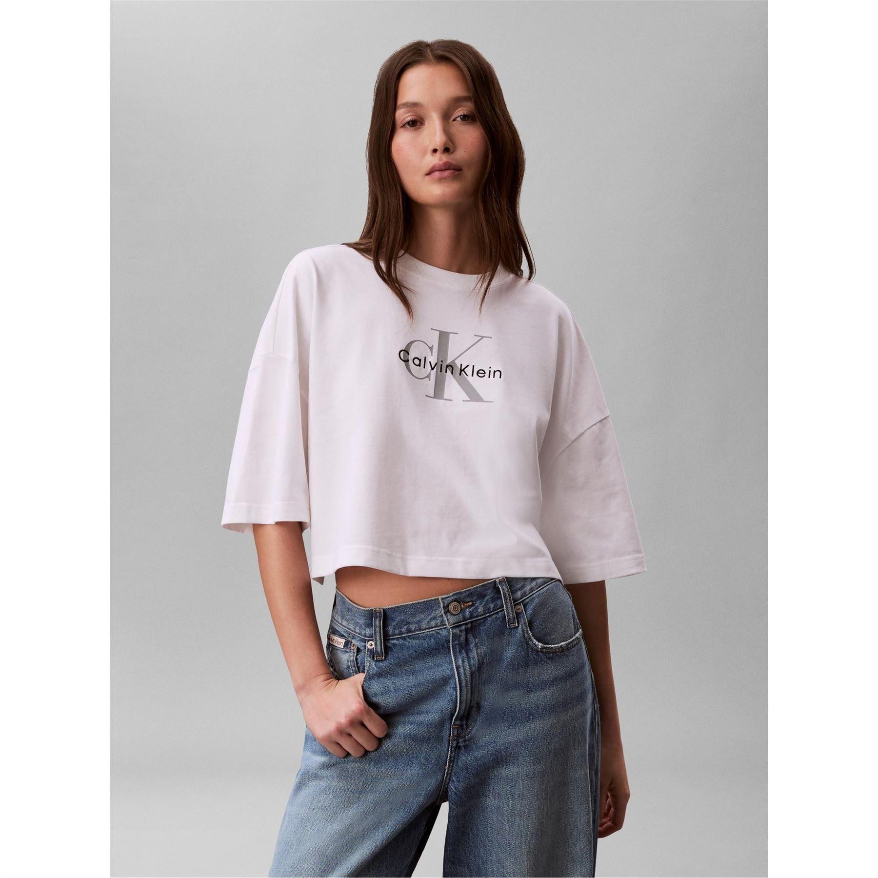 Bright White - Side - Calvin Klein Womens-Ladies Oversized Crop T-Shirt