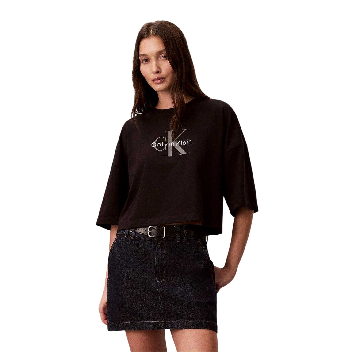 Black - Front - Calvin Klein Womens-Ladies Oversized Crop T-Shirt