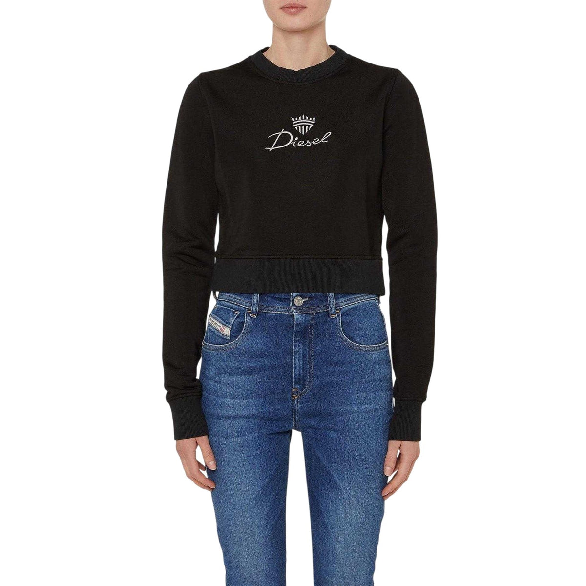 Black - Side - Diesel Womens-Ladies Embroidered Logo Slim Crop Sweatshirt