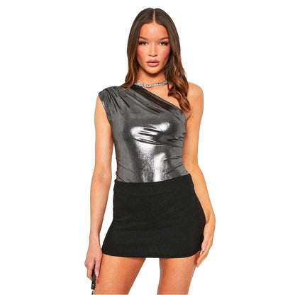 Grey Metallic - Front - Missy Empire Womens-Ladies Fitted Party Bodysuit