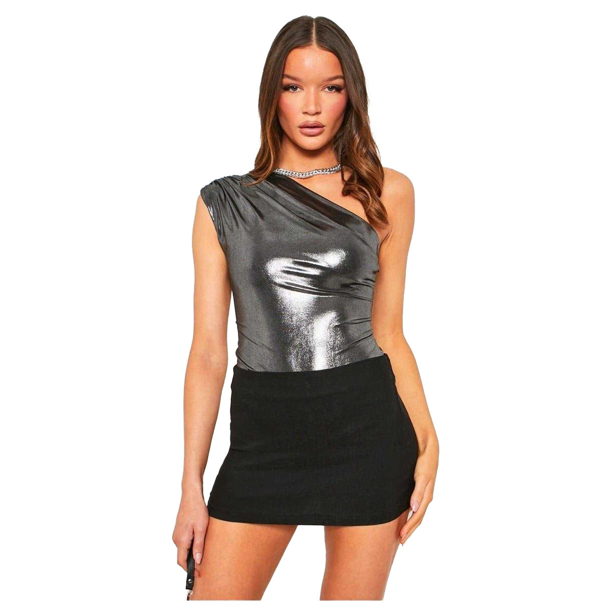 Grey Metallic - Front - Missy Empire Womens-Ladies Fitted Party Bodysuit