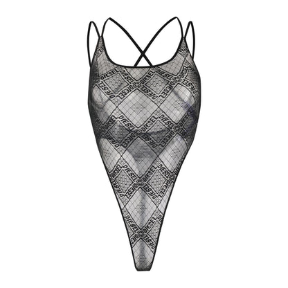 Black - Front - Diesel Womens-Ladies Brita All Over Logo Sheer Bodysuit