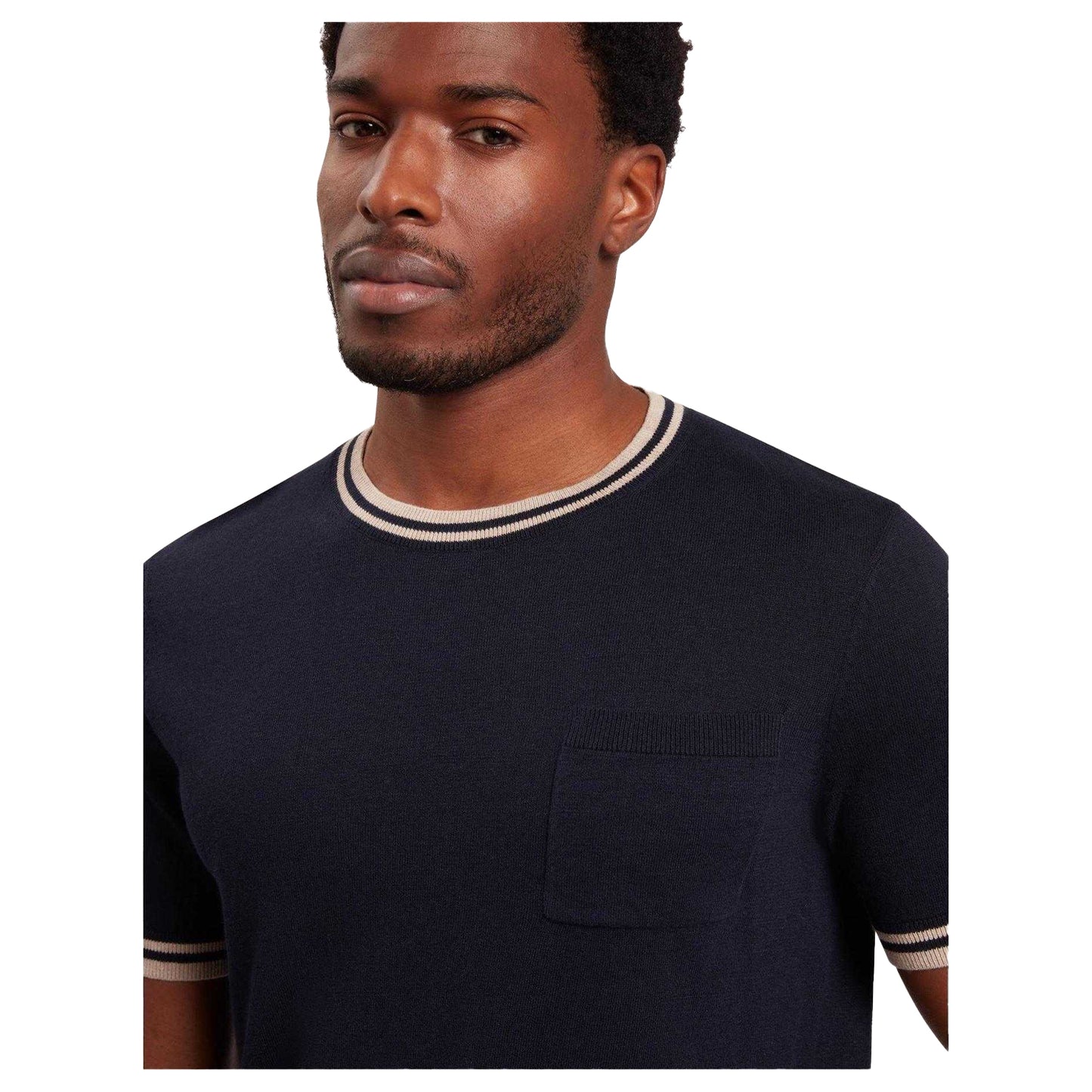 Navy - Side - Ted Baker Mens Tipped Merino Wool Pocket Regular T-Shirt
