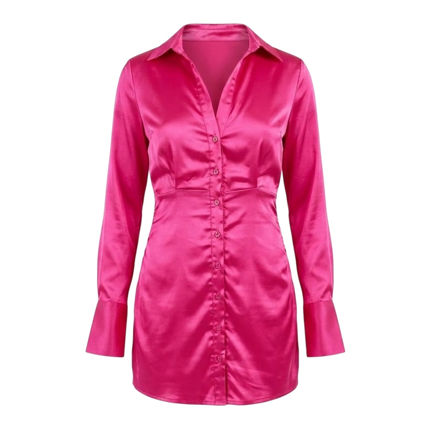 Pink - Front - Missy Empire Womens-Ladies Satin Long-Sleeved Party Shirt Dress