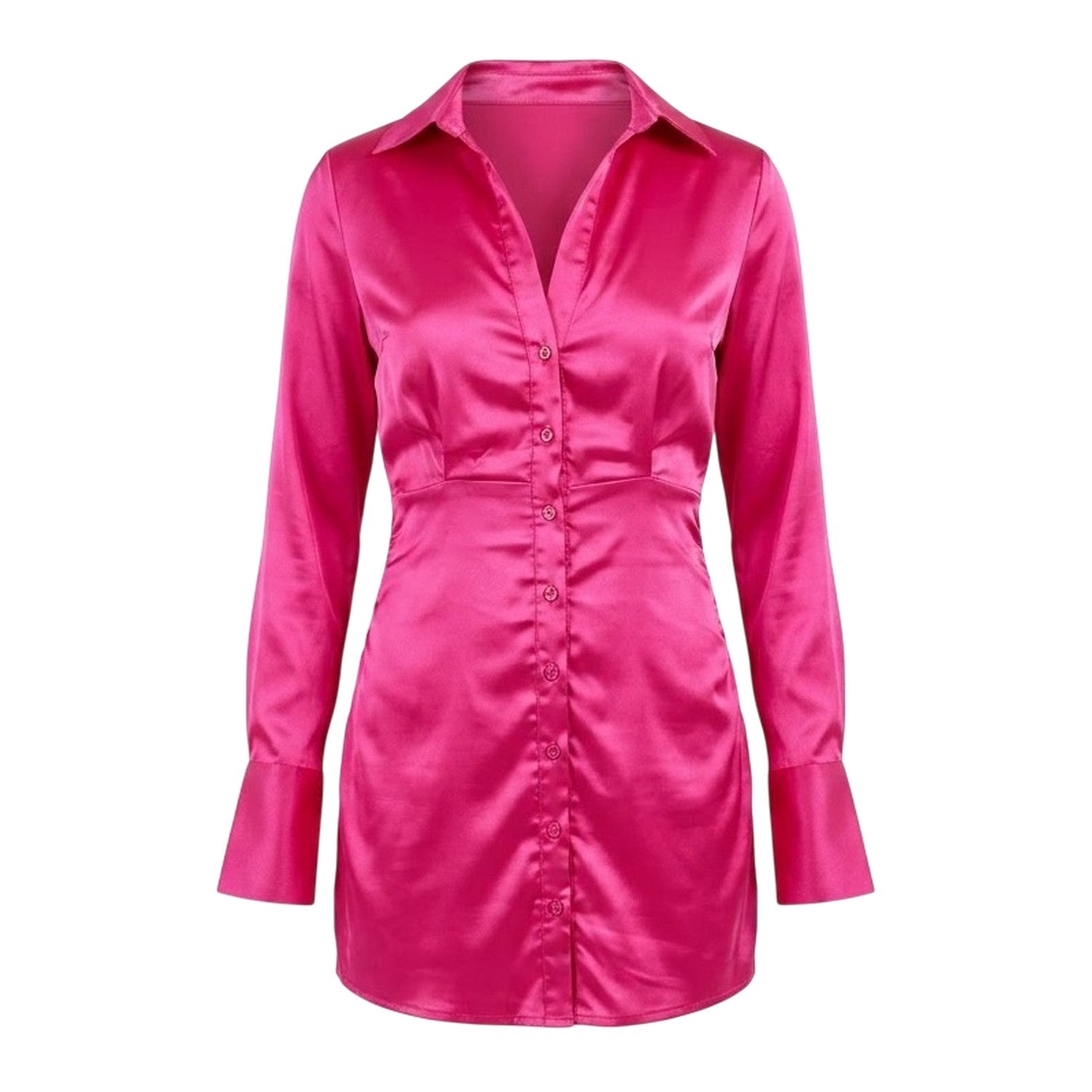 Pink - Front - Missy Empire Womens-Ladies Satin Long-Sleeved Party Shirt Dress