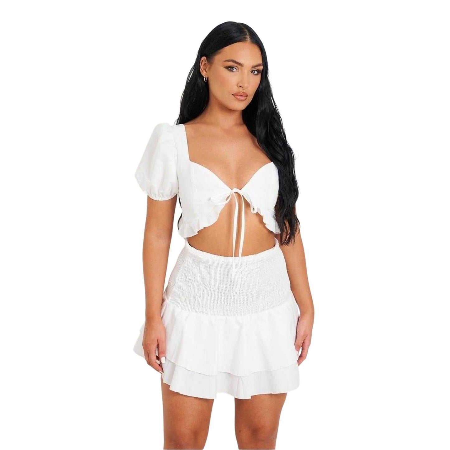 White - Back - Missy Empire Womens-Ladies Shirred Back Puff Sleeve Crop Top