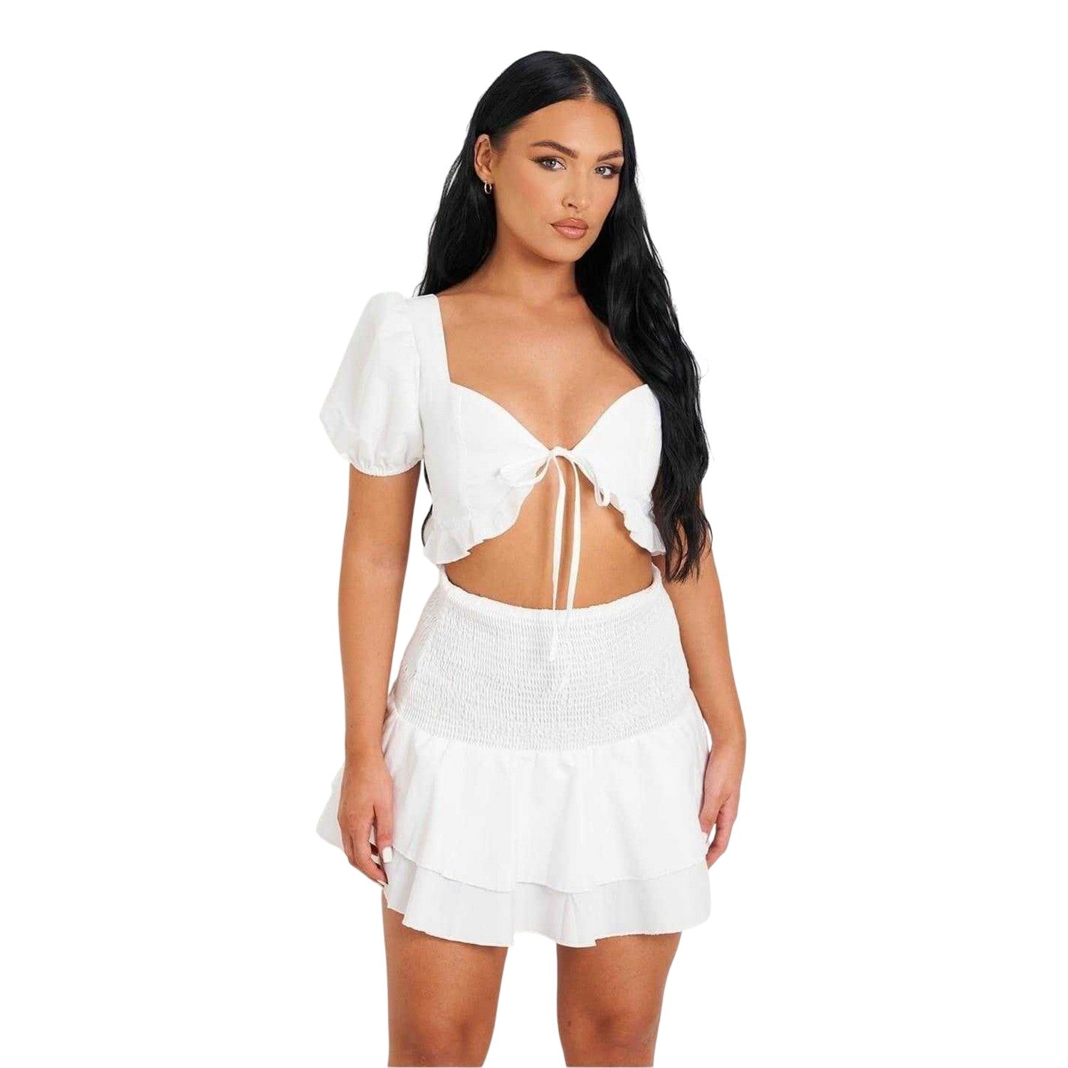 White - Back - Missy Empire Womens-Ladies Shirred Back Puff Sleeve Crop Top