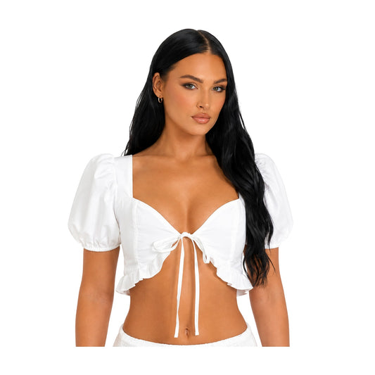 White - Front - Missy Empire Womens-Ladies Shirred Back Puff Sleeve Crop Top