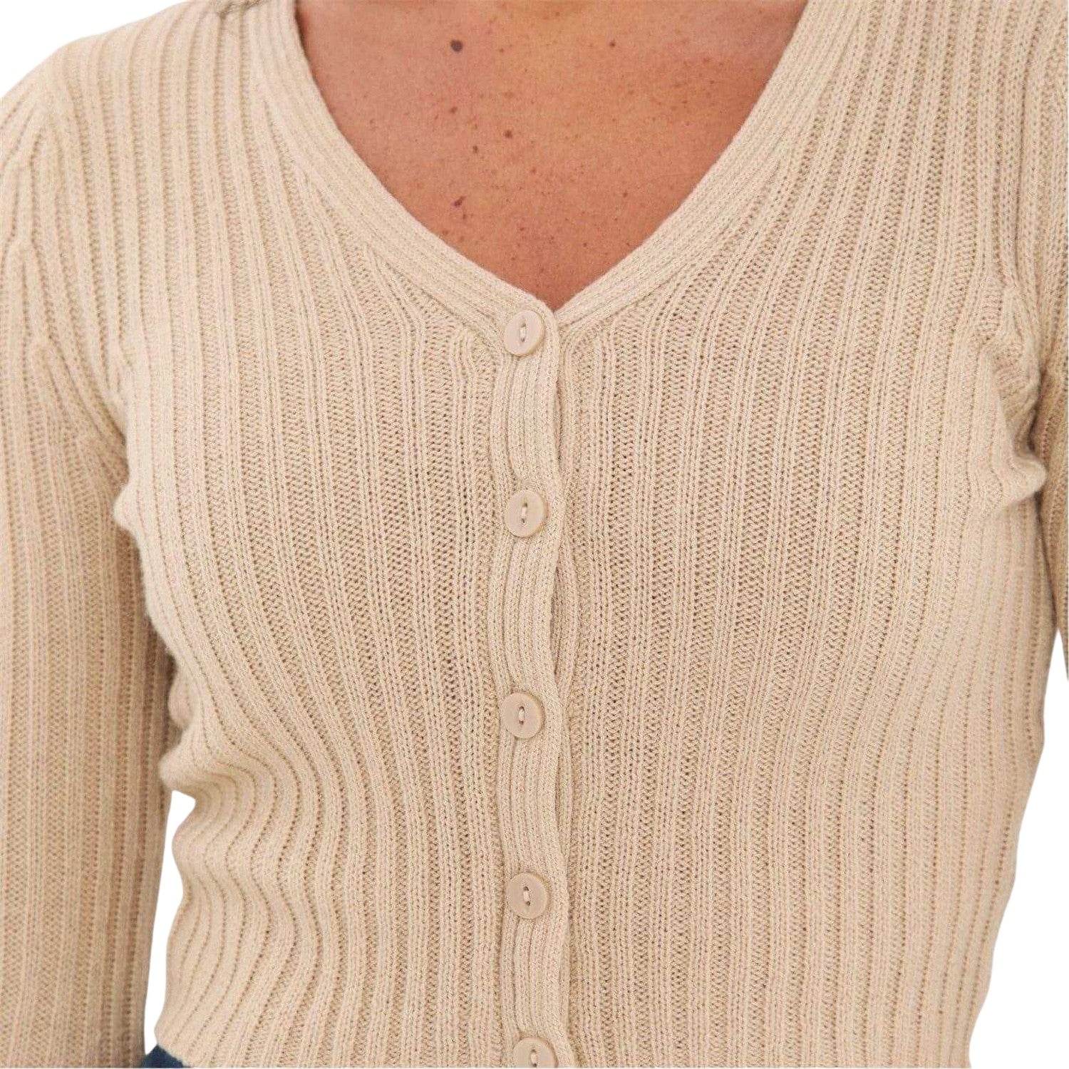 Oatmeal - Side - I Saw It First Womens-Ladies Fine Gauge Cropped Cardigan