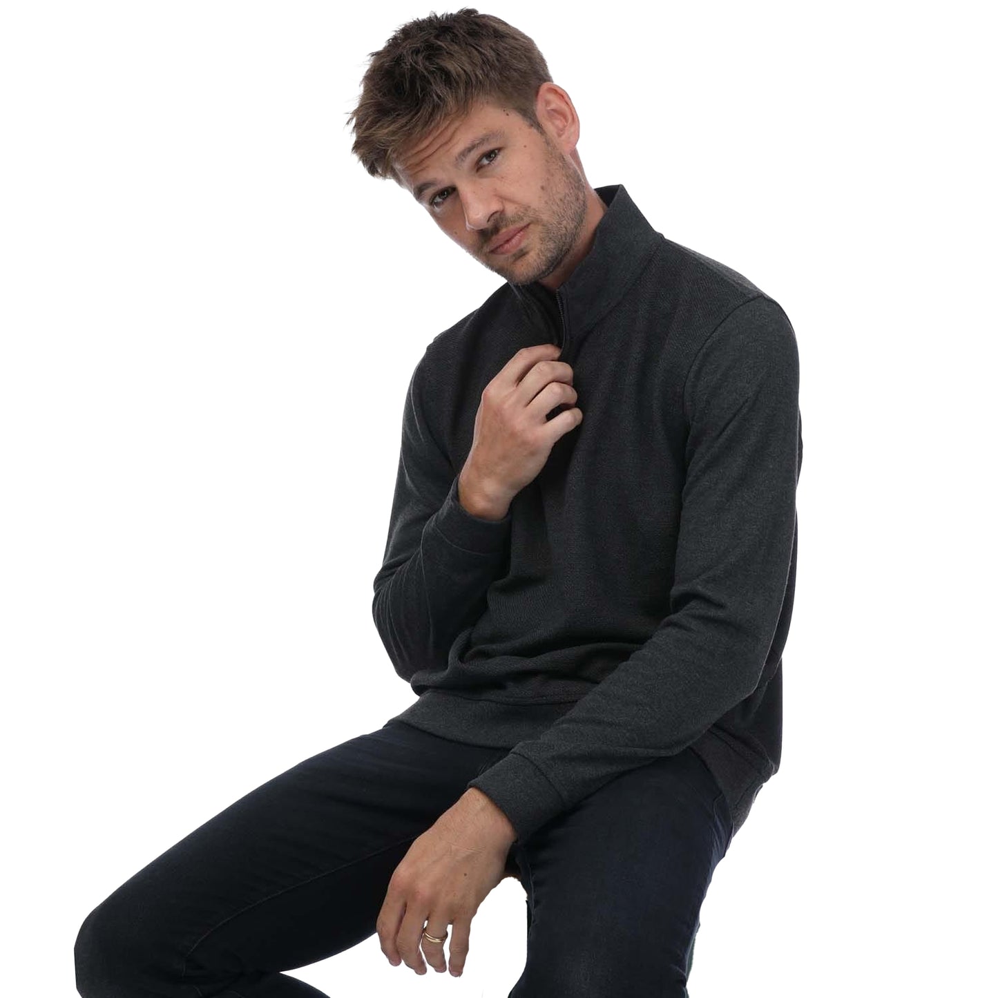 Charcoal - Side - Ted Baker Mens Bits Textured Funnel Neck Sweater Top