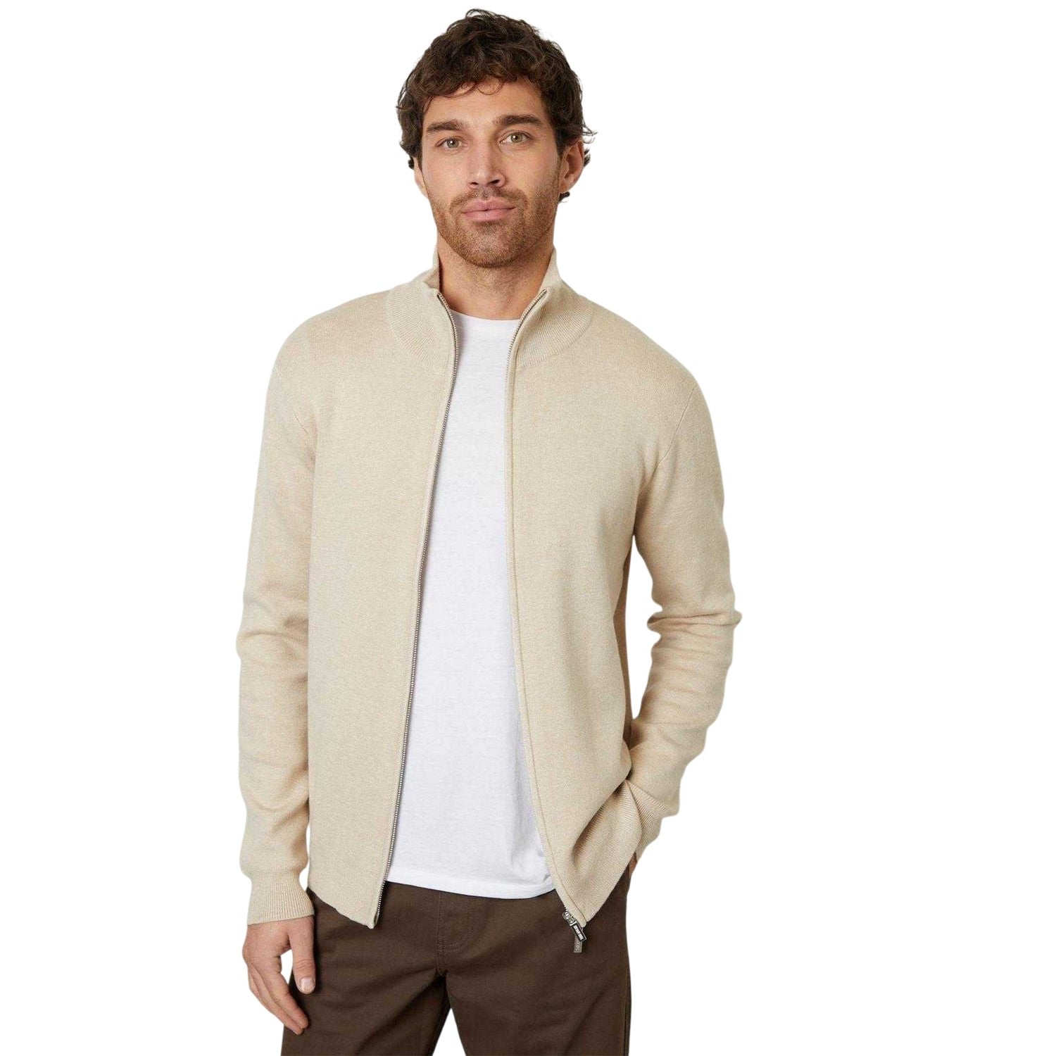 Oatmilk - Side - Threadbare Mens Wynnstay Knitted Full Zip Cardigan