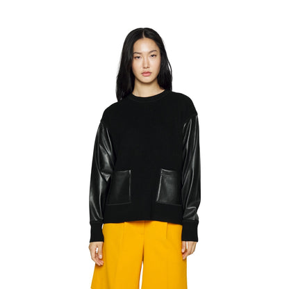 Black - Side - Boss Womens-Ladies Fanalian Faux Leather Sweatshirt