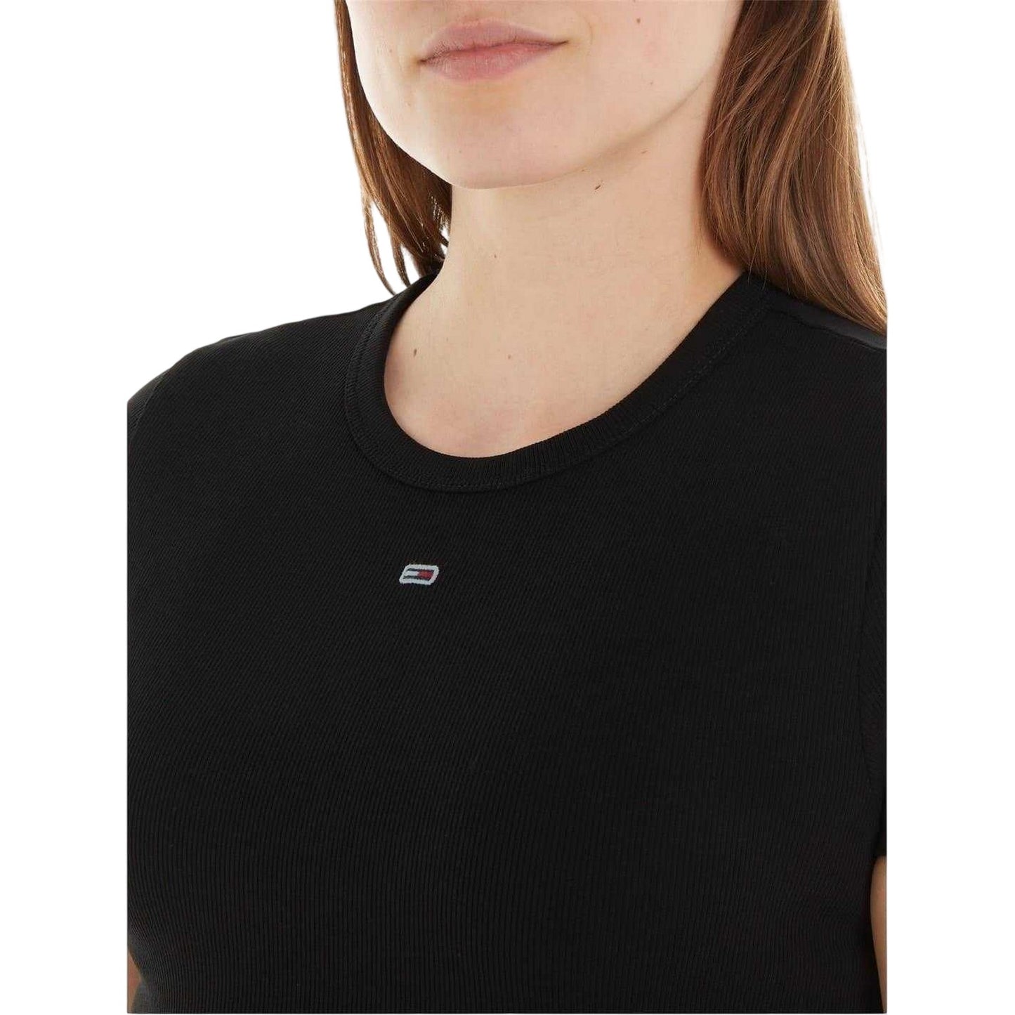 Black - Side - Tommy Jeans Womens-Ladies Logo Ribbed Fitted T-Shirt