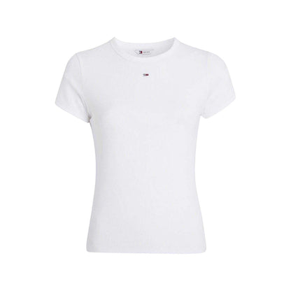 White - Front - Tommy Jeans Womens-Ladies Logo Ribbed Fitted T-Shirt