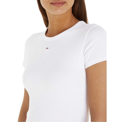 White - Side - Tommy Jeans Womens-Ladies Logo Ribbed Fitted T-Shirt