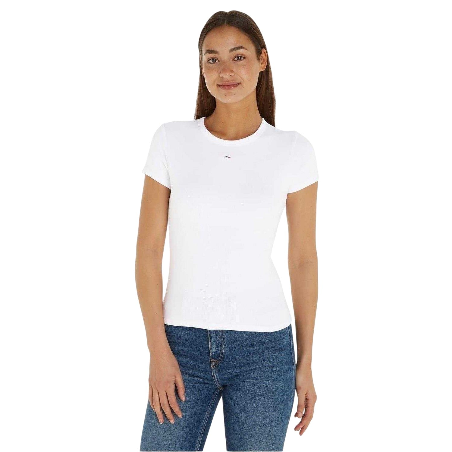 White - Lifestyle - Tommy Jeans Womens-Ladies Logo Ribbed Fitted T-Shirt