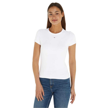 White - Lifestyle - Tommy Jeans Womens-Ladies Logo Ribbed Fitted T-Shirt
