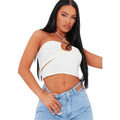Cream - Back - Missy Empire Womens-Ladies Crossover Ribbed Fitted Crop Top