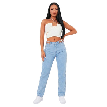 Cream - Side - Missy Empire Womens-Ladies Crossover Ribbed Fitted Crop Top