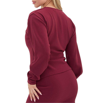Burgundy - Back - I Saw It First Womens-Ladies Ribbed Buttoned Slim Cardigan