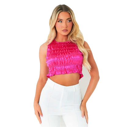 Pink - Front - Missy Empire Womens-Ladies Crinkled Satin Sleeveless Crop Top