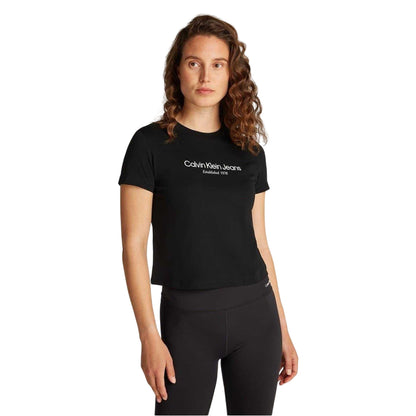 Black - Side - Calvin Klein Womens-Ladies Lettering Cotton Crew Neck Regular T-Shirt