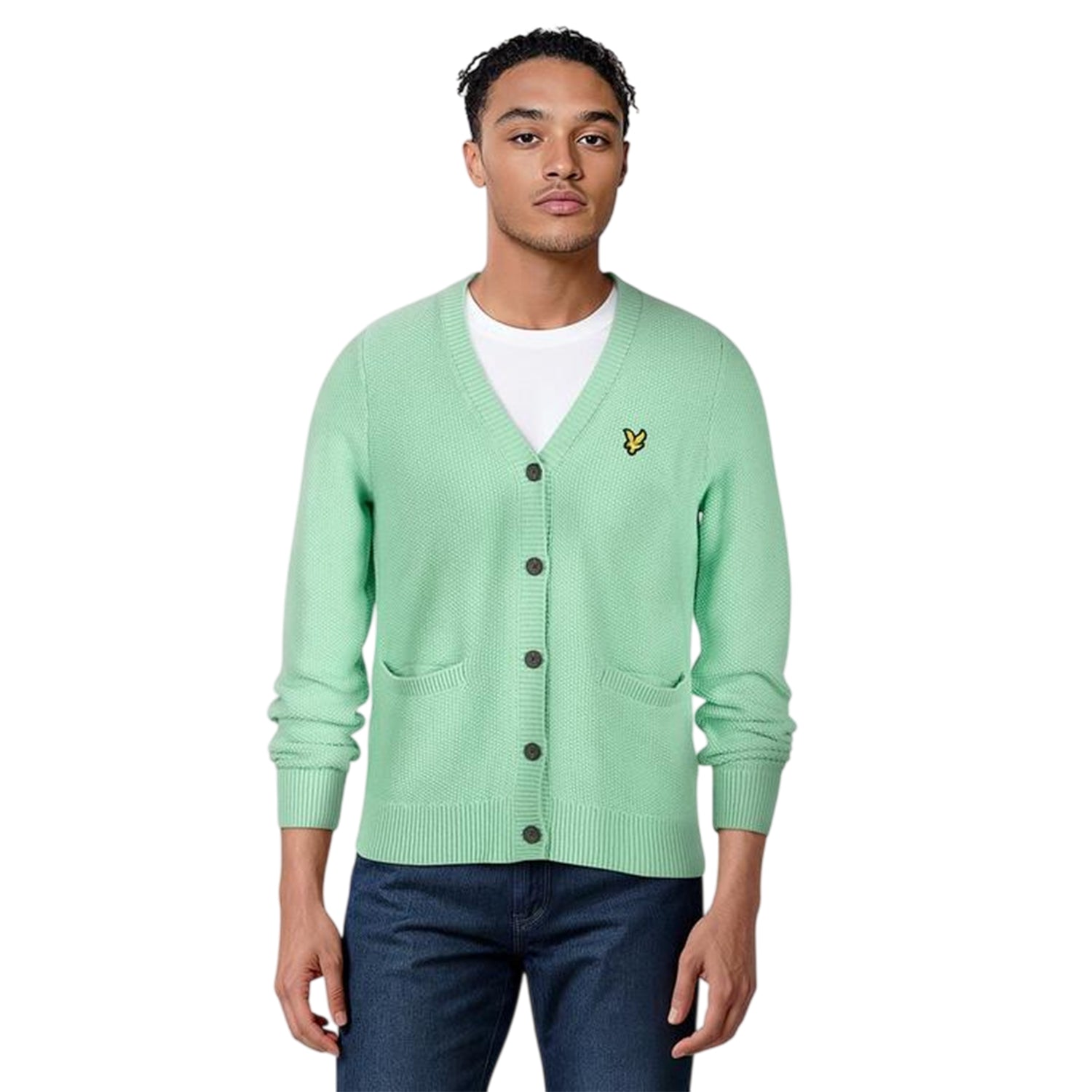 Pale Teal - Side - Lyle & Scott Mens Embroidered Logo Regular Cardigan