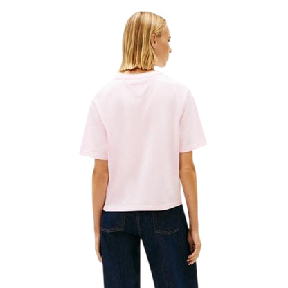 Light Pink - Back - Tommy Jeans Womens-Ladies Embroidered Logo Cotton Cropped T-Shirt
