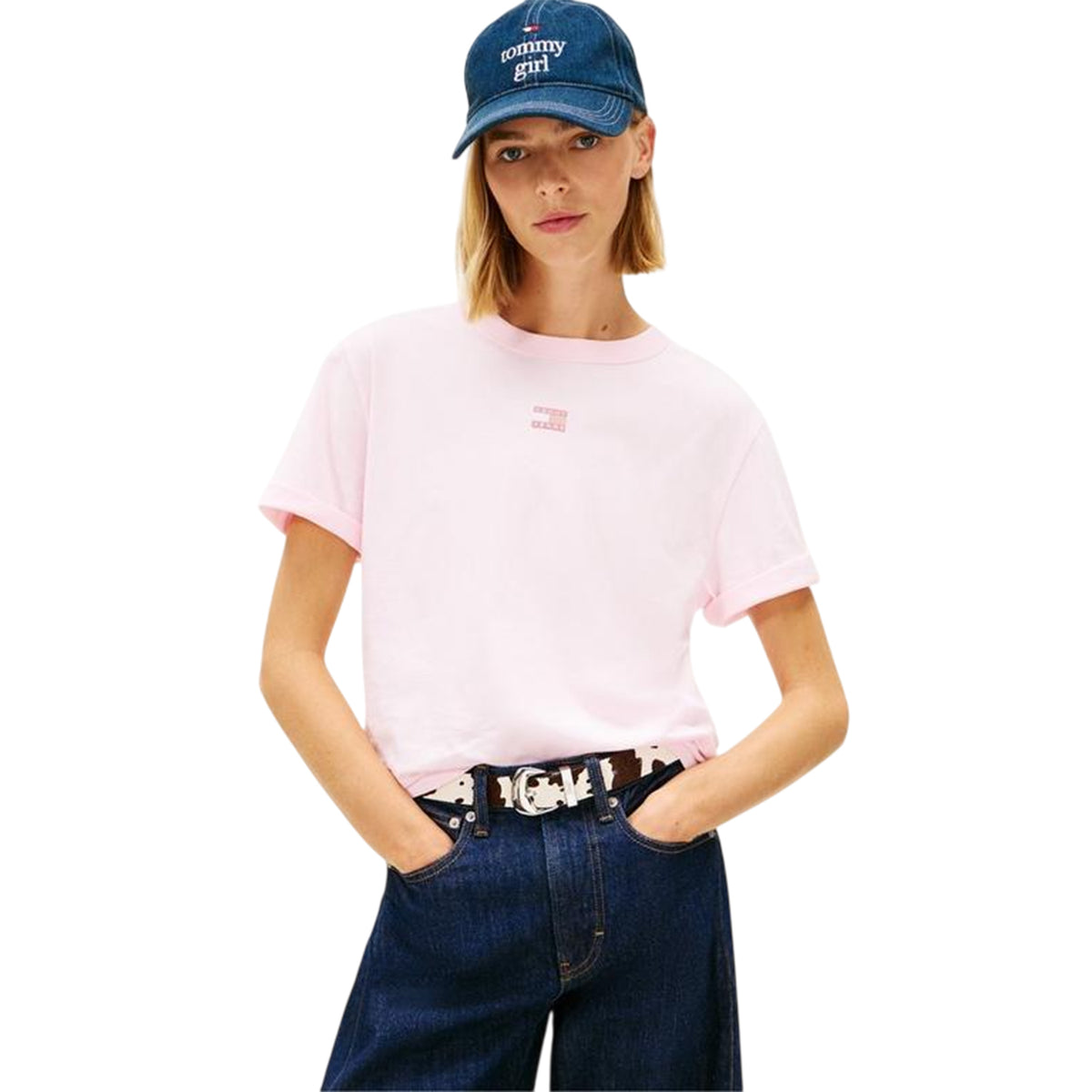 Light Pink - Side - Tommy Jeans Womens-Ladies Embroidered Logo Cotton Cropped T-Shirt