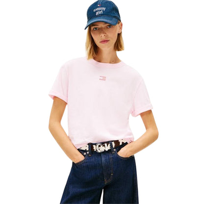 Light Pink - Side - Tommy Jeans Womens-Ladies Embroidered Logo Cotton Cropped T-Shirt