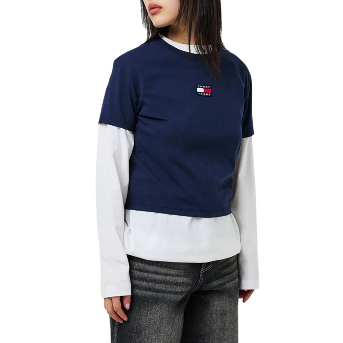 Navy - Front - Tommy Jeans Womens-Ladies Embroidered Logo Cotton Cropped T-Shirt