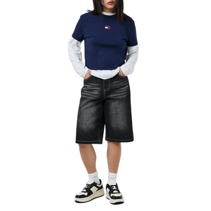 Navy - Side - Tommy Jeans Womens-Ladies Embroidered Logo Cotton Cropped T-Shirt