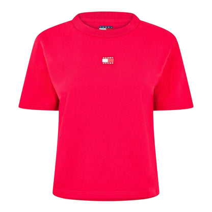 Rhubarb Red - Front - Tommy Jeans Womens-Ladies Embroidered Logo Cotton Cropped T-Shirt