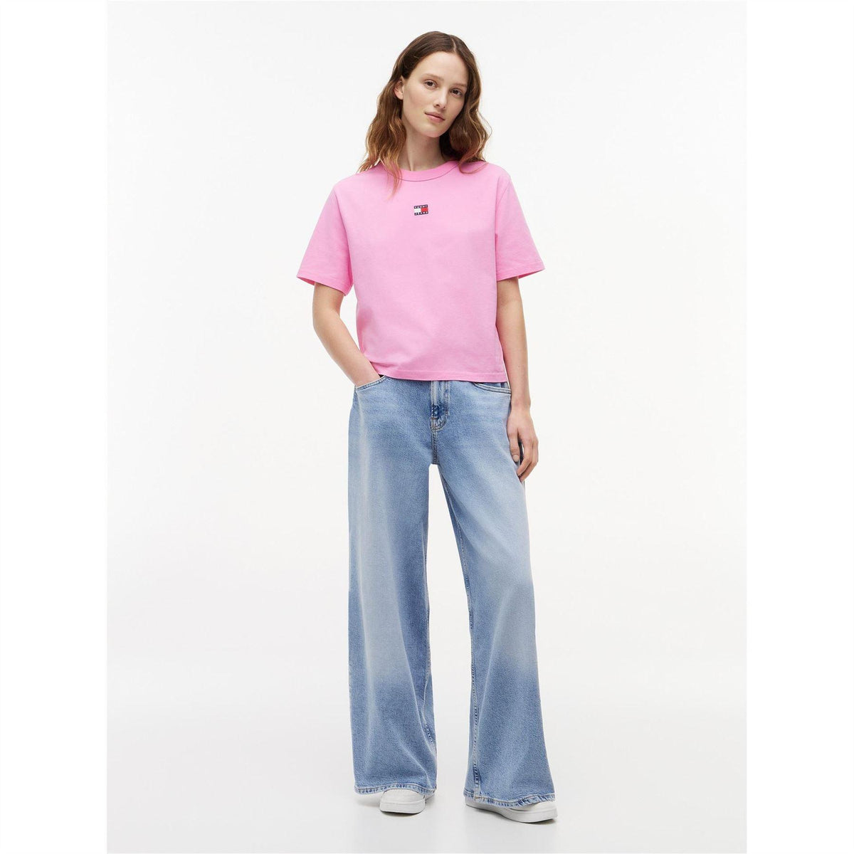 Pink - Side - Tommy Jeans Womens-Ladies Embroidered Logo Cotton Cropped T-Shirt