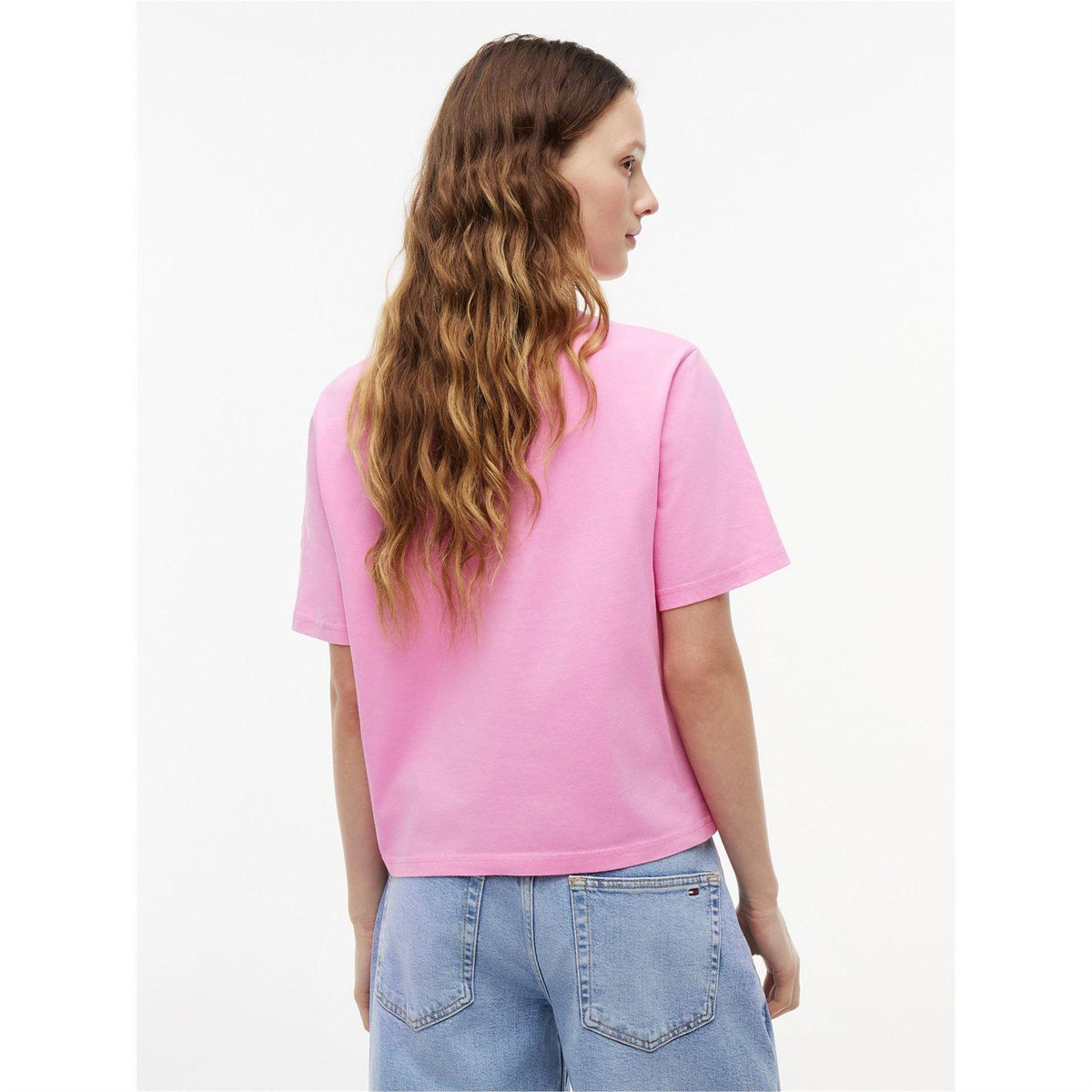 Pink - Pack Shot - Tommy Jeans Womens-Ladies Embroidered Logo Cotton Cropped T-Shirt