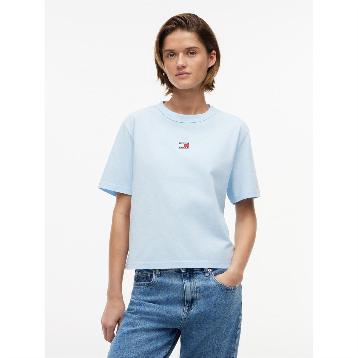 King Blue - Back - Tommy Jeans Womens-Ladies Embroidered Logo Cotton Cropped T-Shirt
