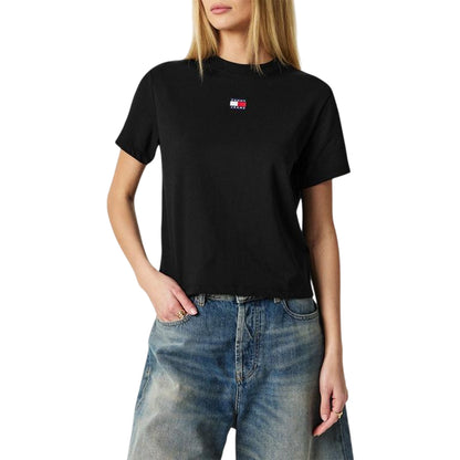 Black - Side - Tommy Jeans Womens-Ladies Embroidered Logo Cotton Cropped T-Shirt