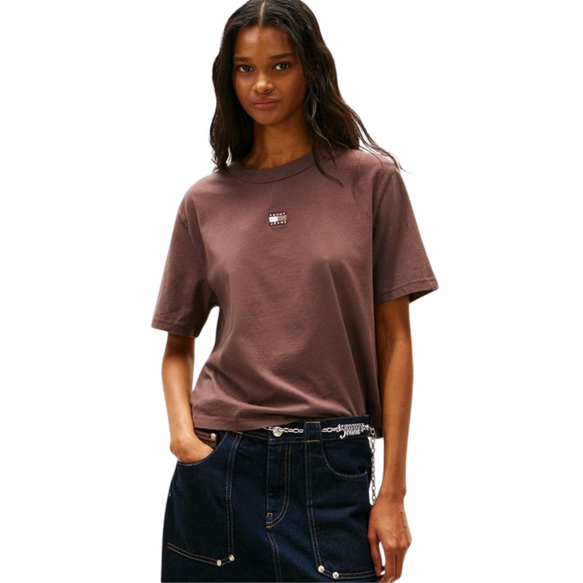 Black-Walnut - Side - Tommy Jeans Womens-Ladies Embroidered Logo Cotton Cropped T-Shirt