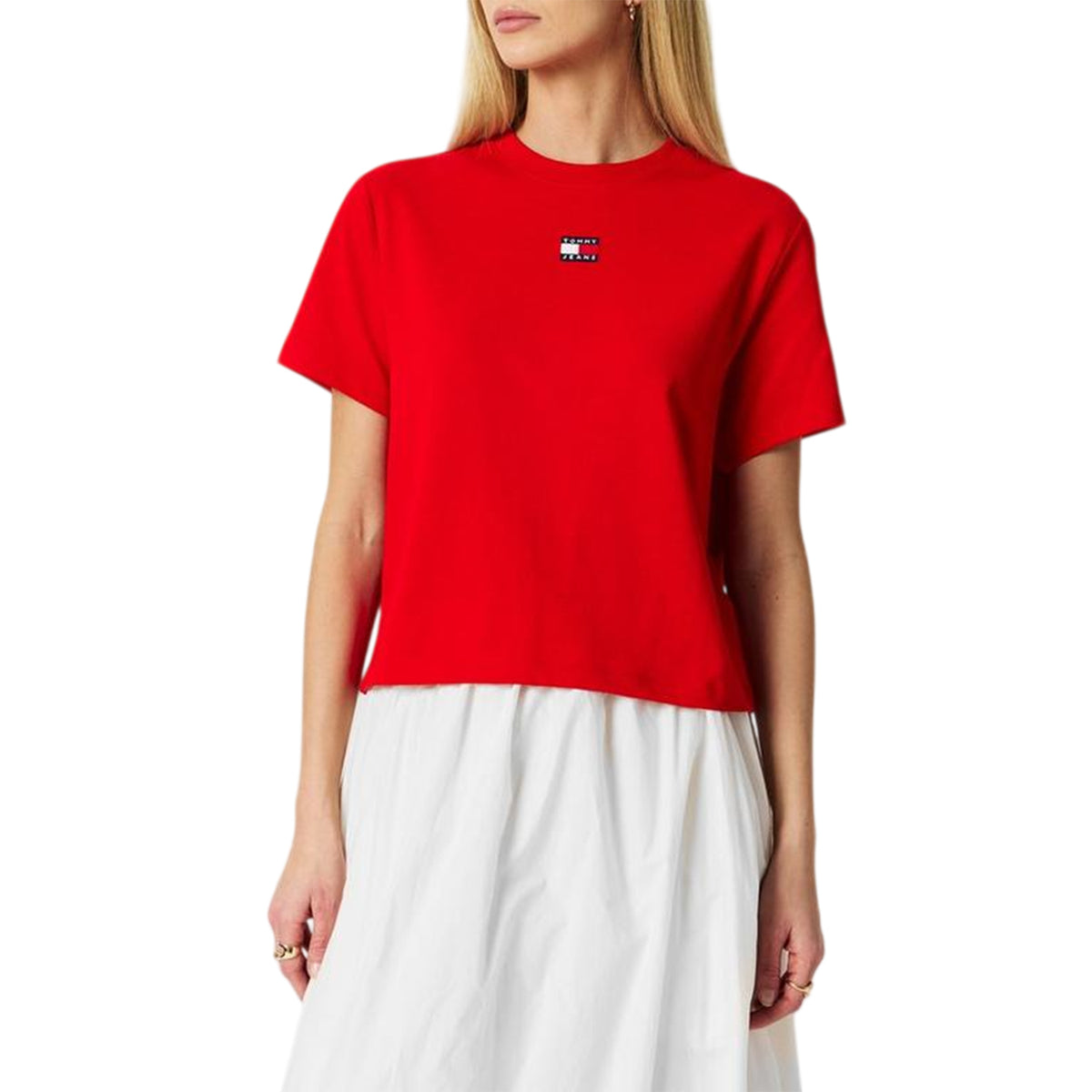 Deep Crimson Red - Side - Tommy Jeans Womens-Ladies Embroidered Logo Cotton Cropped T-Shirt