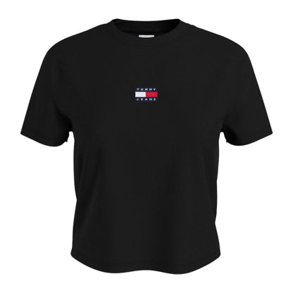 Black - Front - Tommy Jeans Womens-Ladies Embroidered Logo Cotton Cropped T-Shirt