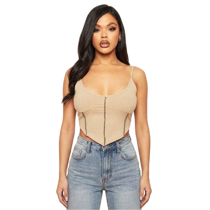 Nude - Back - Missy Empire Womens-Ladies Ribbed Contrast Stitch Corset Top