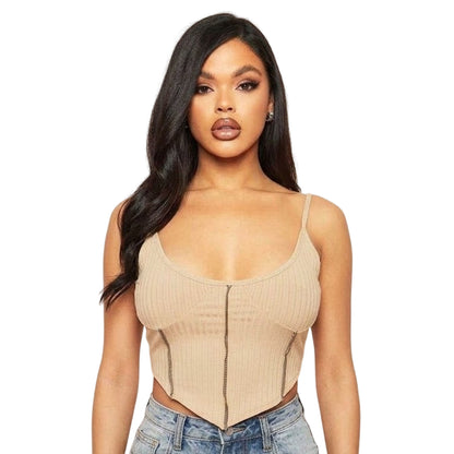 Nude - Front - Missy Empire Womens-Ladies Ribbed Contrast Stitch Corset Top