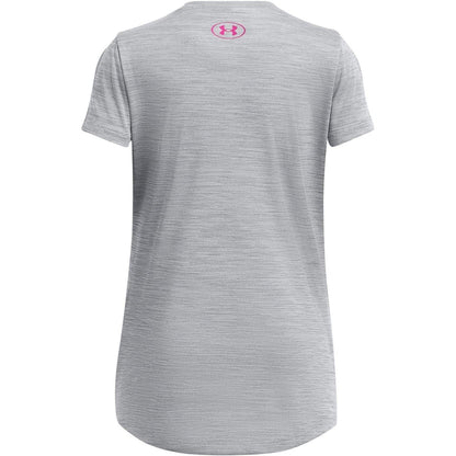 Grey-Pink - Back - Under Armour Girls Tech Wordmark Regular T-Shirt