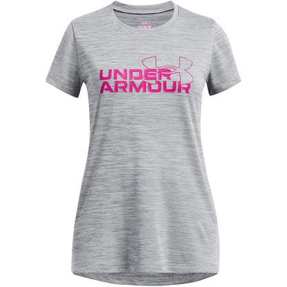 Grey-Pink - Front - Under Armour Girls Tech Wordmark Regular T-Shirt